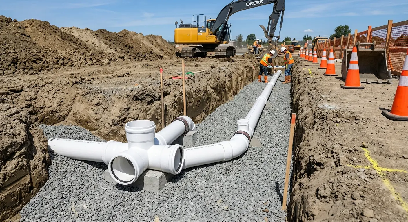 New PVC sewer pipe installation in open trench for Grease Trap Cleaning in Sealy